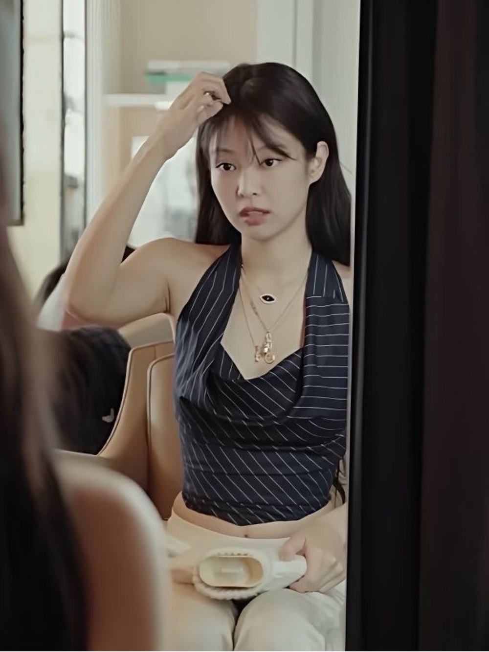 Jenny's same style Cowl Neck Pinstripe Halter Crop Top - Navy